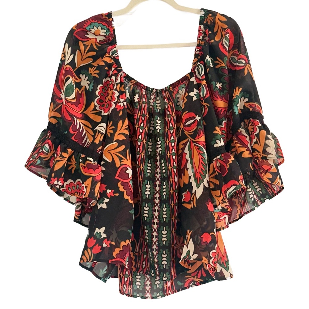 🌼 Orchid Moon Floral Black and Orange Women's Ruffle Top XL